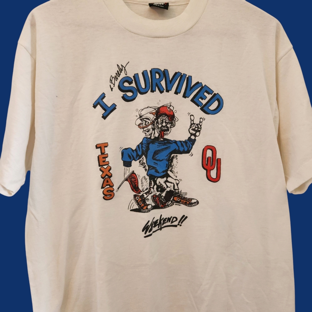 Vintage 80s White Texas v Oklahoma T-Shirt 'I Barely Survived'